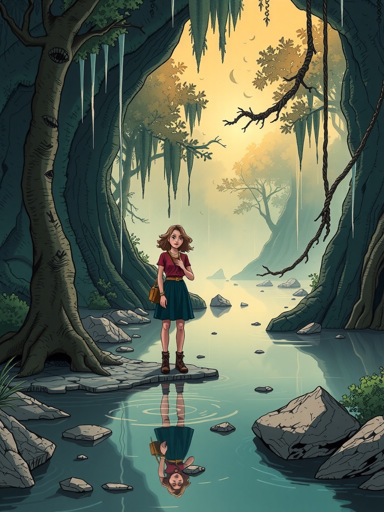 Panel 1: The mist swirls around Kaelin's boots as she whispers to the pool, her voice barely audible over the gentle lapping of the water against the shore