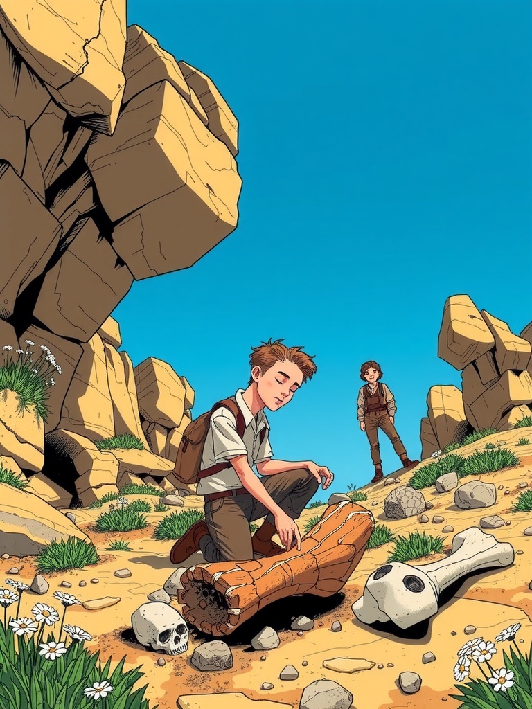 Panel 2: The scent of wildflowers and sun-baked rock fills the air as Lyra works, the sound of his gentle humming carried away by the breeze
