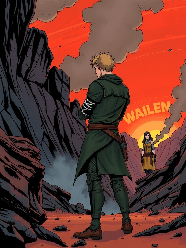 Panel 3: The air is heavy with the acrid smell of smoke and char as Kaelin and Thorne face each other, the only sound the distant rumble of thunder