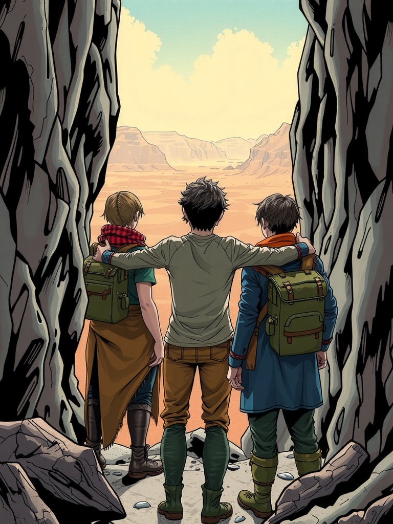 Panel 4: The wind whips through their hair as they stand together, the landscape stretching out before them like an unfurled map, full of mystery and danger