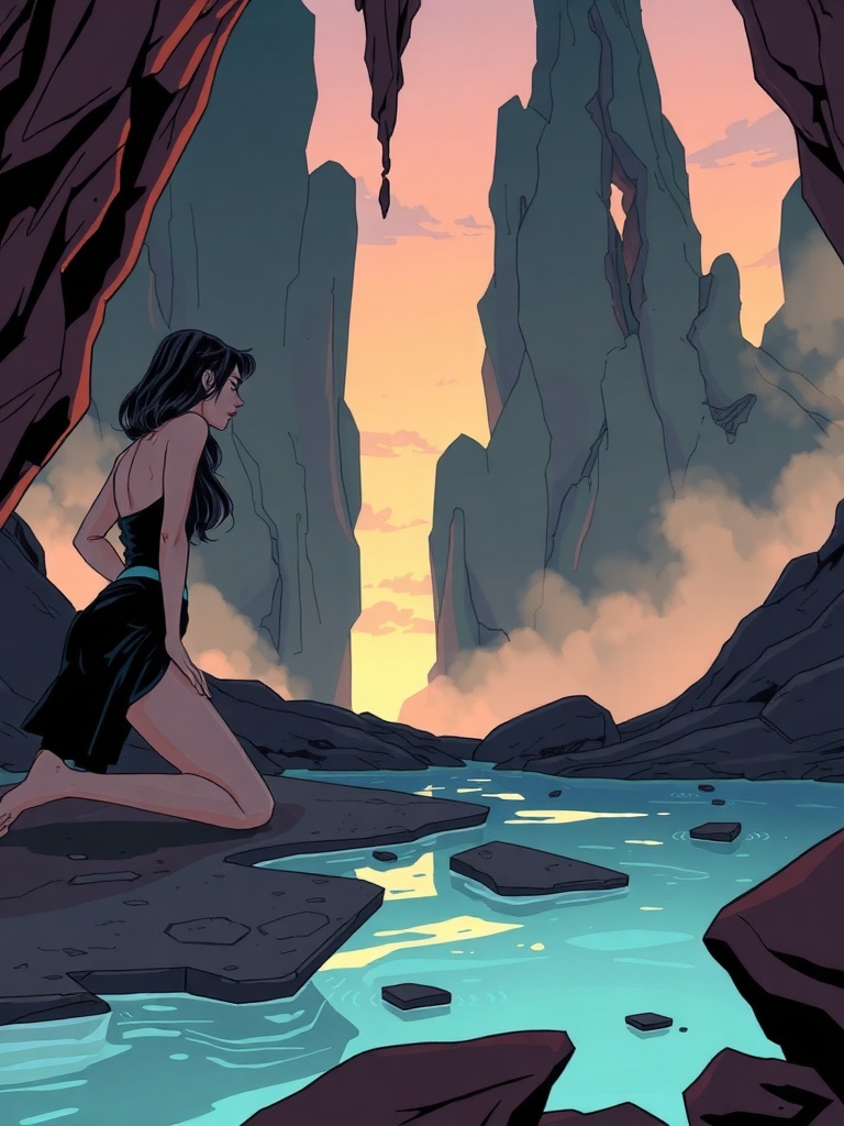 Panel 1: The air is heavy with the scent of damp earth and moss, and the sound of dripping water echoes through the grotto