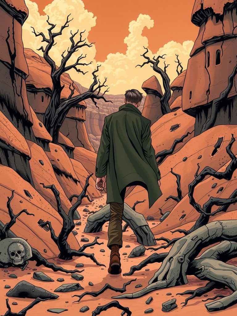 Panel 3: The canyon's desolate landscape seems to mirror the turmoil brewing within Thorne, the weight of his past threatening to consume him