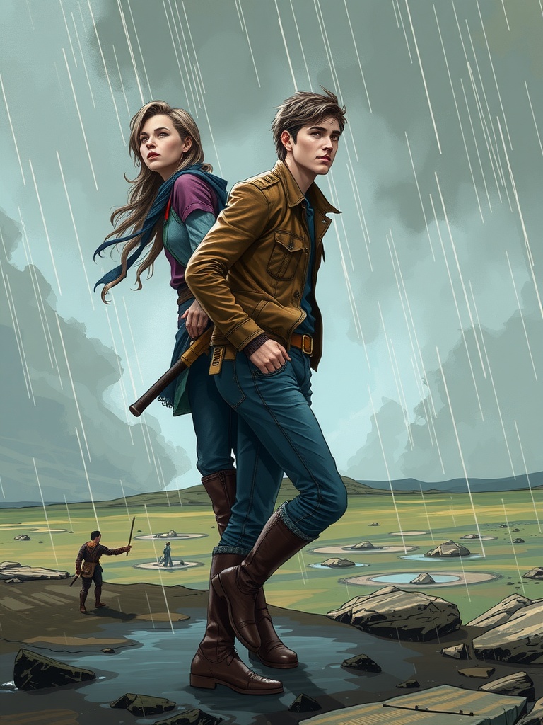 Panel 4: The storm rages on, but in this moment, the three companions find a sense of solidarity, their bond forged in the fire of their shared struggles