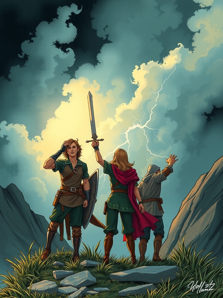 Panel 4: The storm rages on, a reflection of the turmoil that brews within them, as they steel themselves for the battle ahead