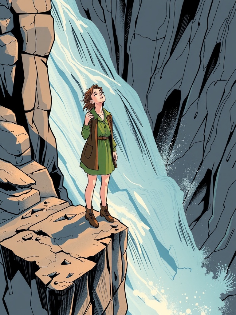 Panel 2: The wind whips Lyra's beard back and forth, and Kaelin's voice is barely audible over the din of the waterfall
