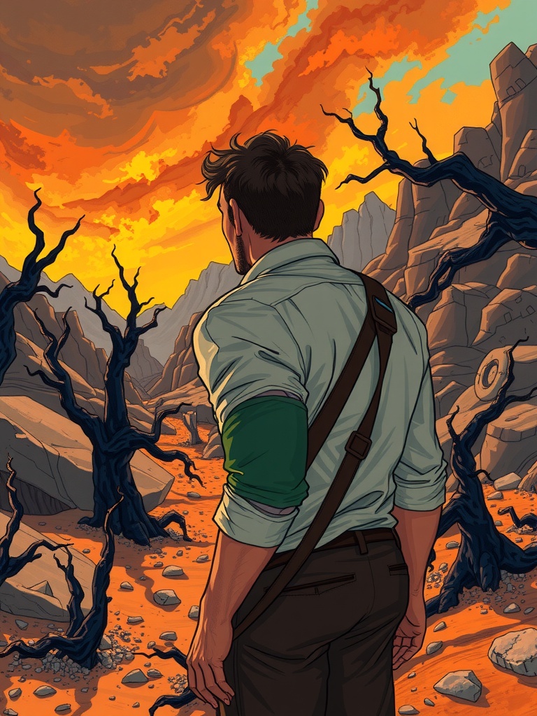 Panel 3: The air is heavy with the acrid smell of smoke and ozone, and the stormy sky seems to weigh upon Thorne's shoulders like a physical burden