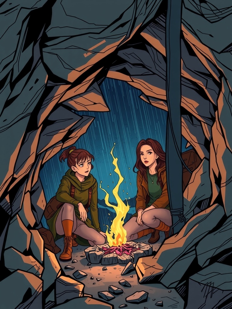 Panel 4: The storm rages on outside, but within the shelter, the atmosphere is heavy with unspoken tensions and unresolved conflicts