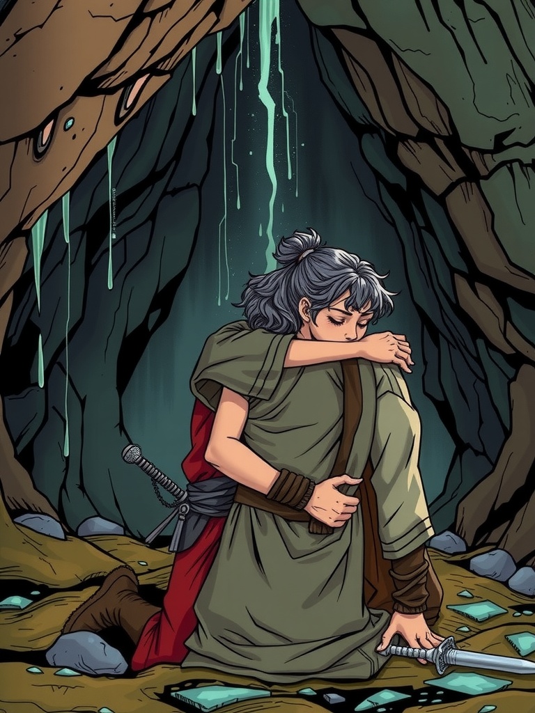 Panel 4: In the darkness of the cave, they find a fragile sense of comfort and solidarity, a reminder that even in the most desperate moments, hope can endure