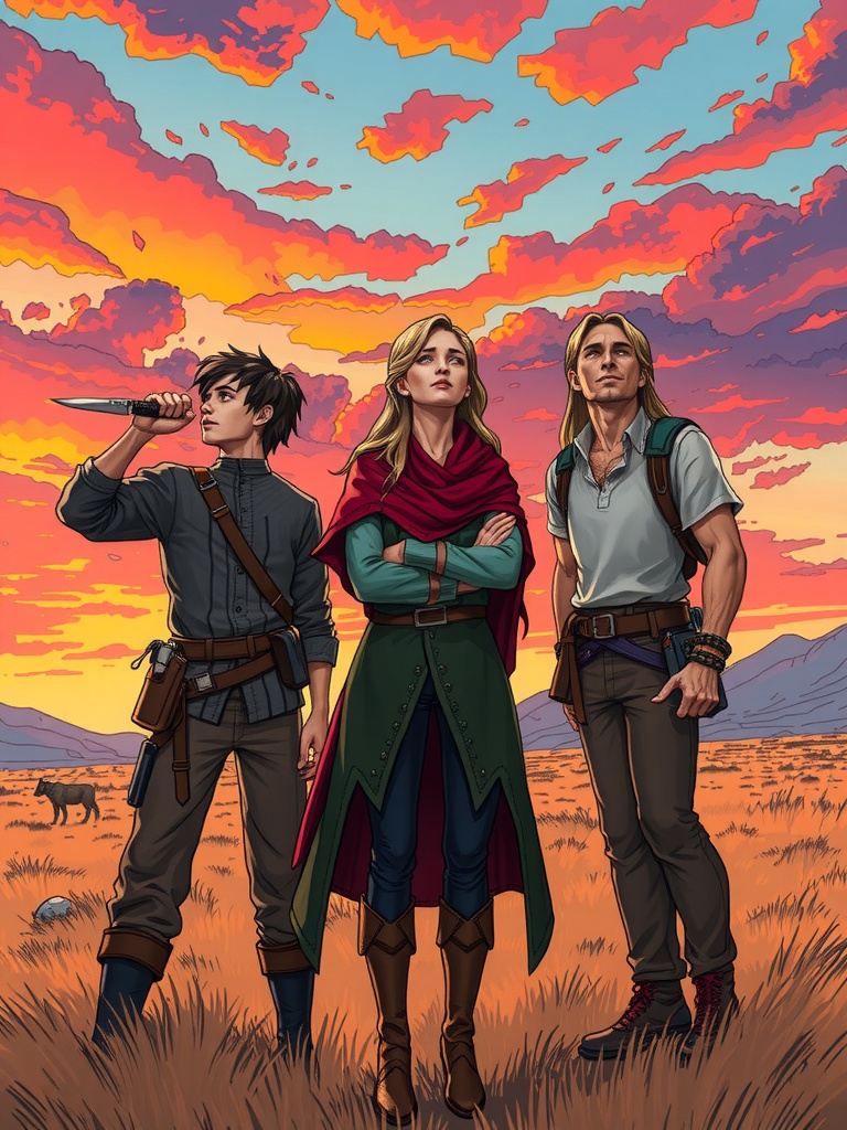 Panel 4: As the sun dips below the horizon, the companions are faced with a choice: to forge a new path, together, or to succumb to the darkness that has haunted them for so long