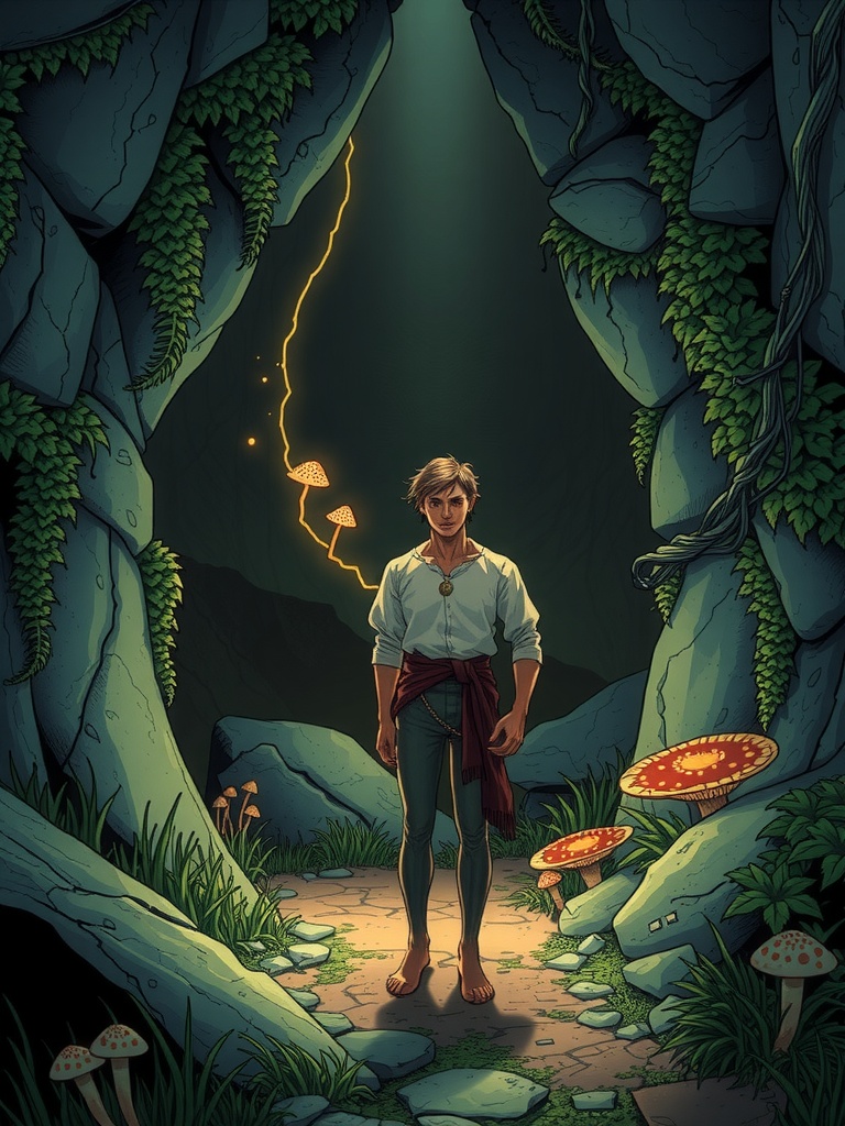 Panel 1: The air is heavy with the scent of damp earth and decay, and Kaelin's instincts scream warning, but he steps forward, into the unknown