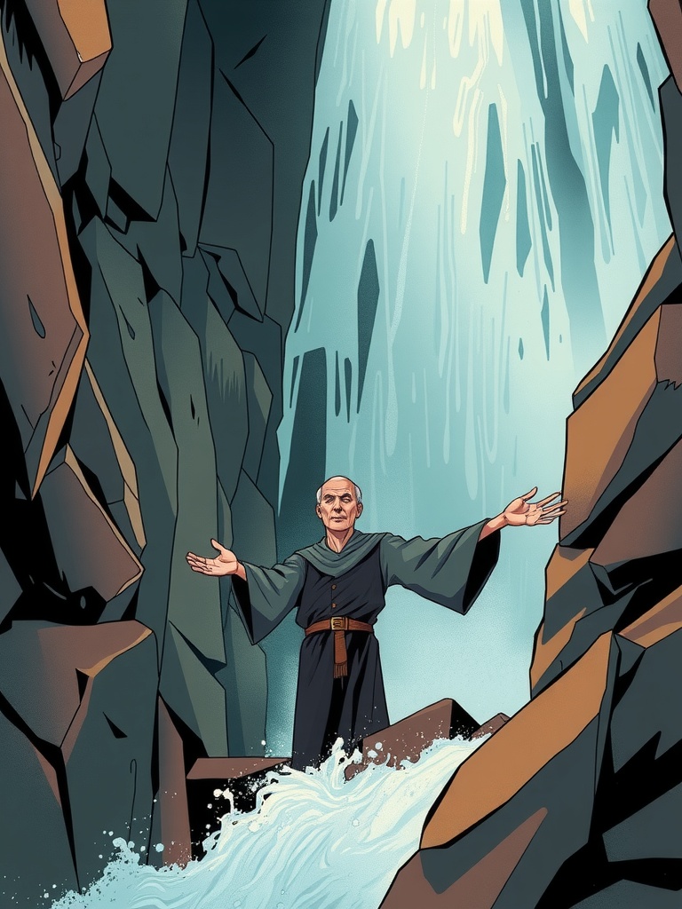 Panel 3: The water's edge beckons, a threshold between the world of solid earth and the realm of fluid possibility, and Lyra's touch seems to heal the wounds of the land itself