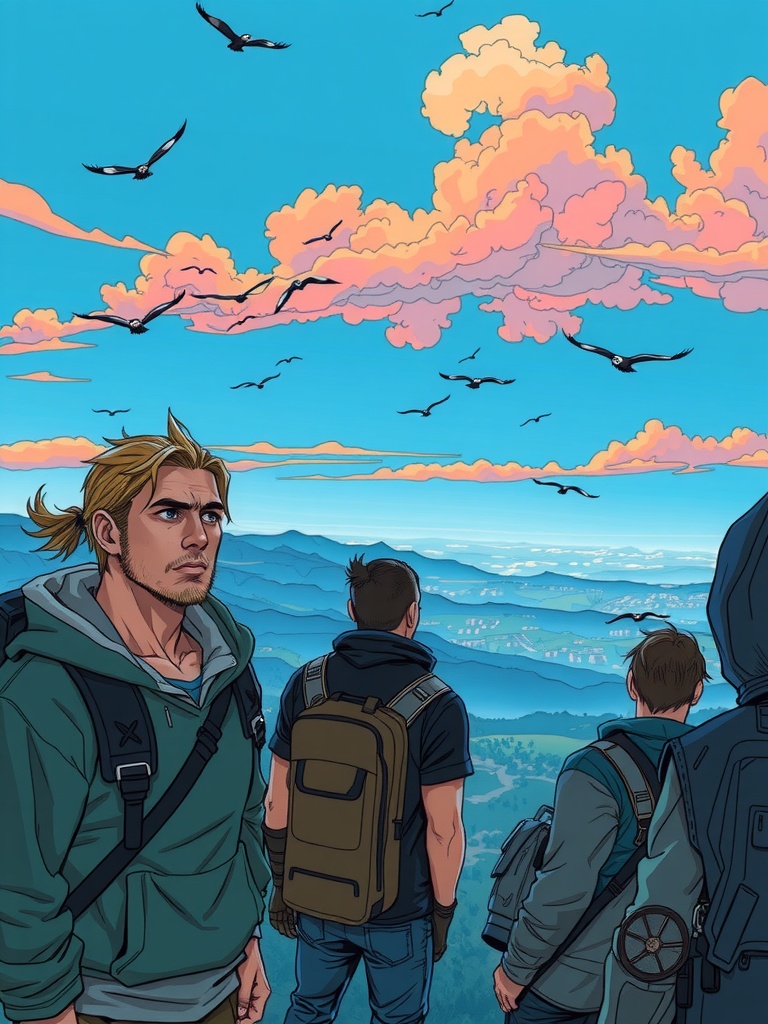 Panel 4: The landscape stretches out before them, a tapestry of ancient secrets and hidden dangers, as the three companions stand poised, on the razor's edge between discovery and destruction