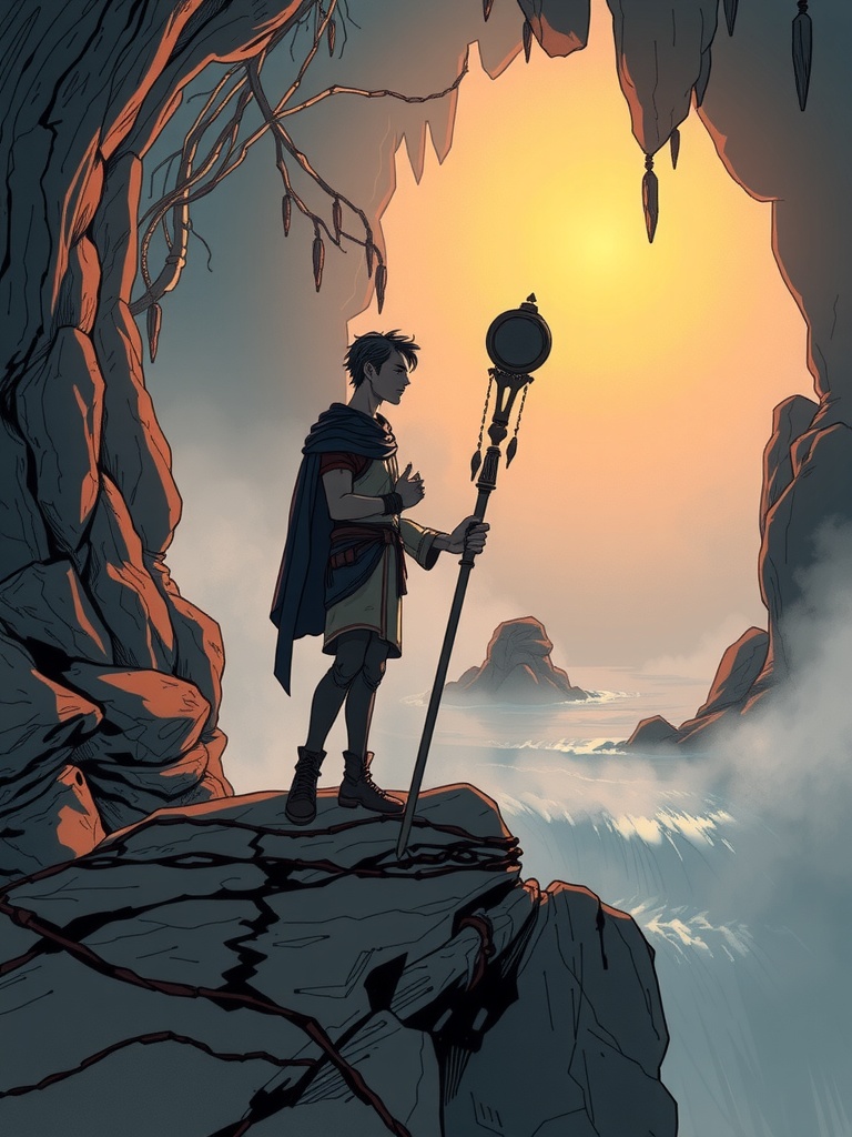 Panel 1: The ancient rivers surge with power, whispering secrets to those who dare to listen