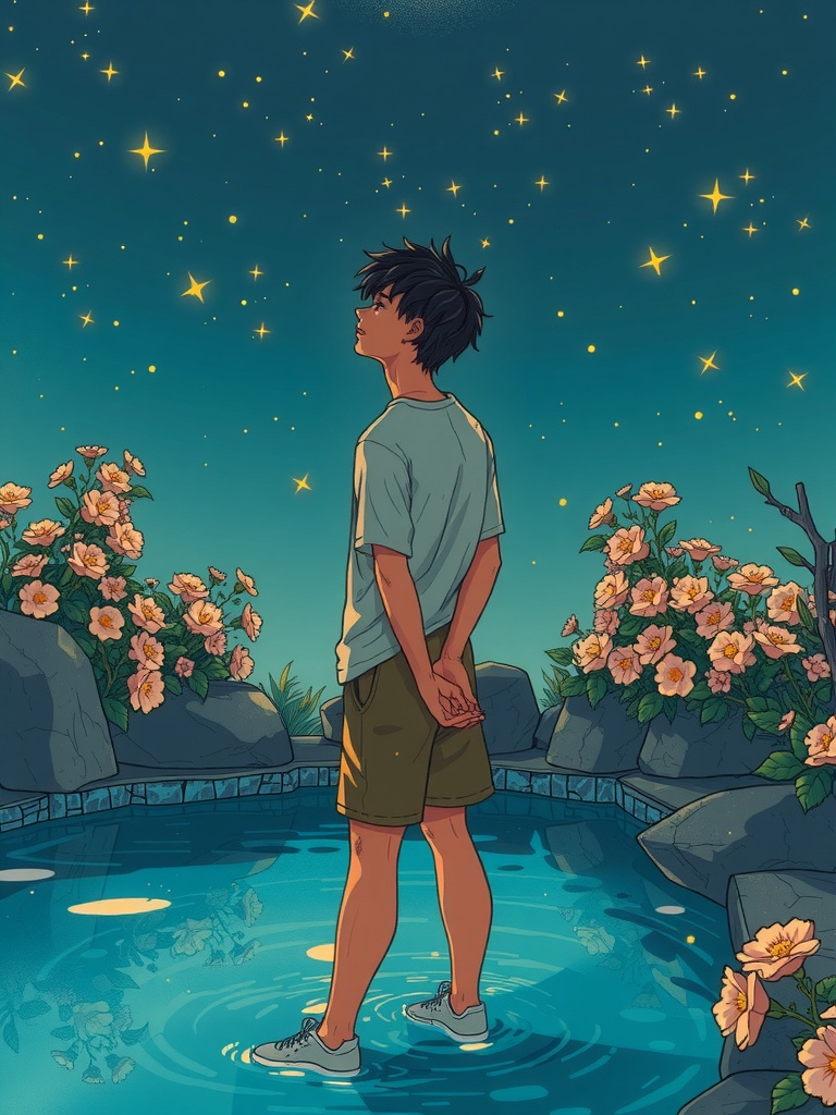 Panel 2: The gentle lapping of the pool's water against the shore was a soothing balm to Lyra's frazzled nerves, as the stars began to twinkle in the night sky
