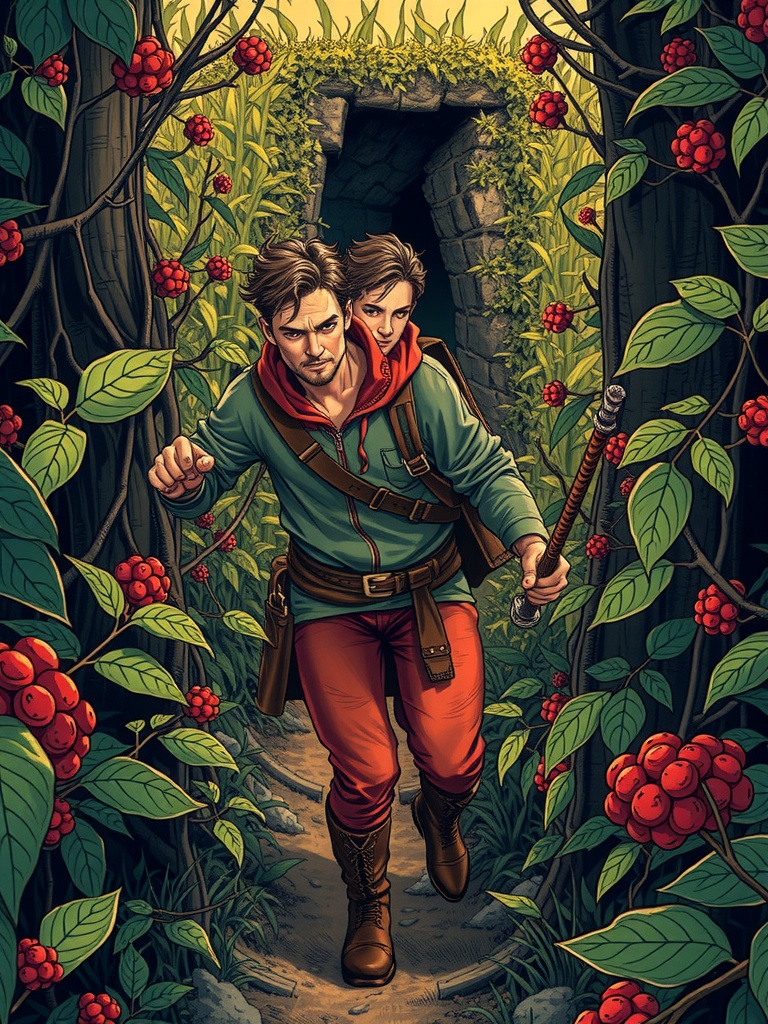 Panel 3: The trees seemed to loom over them, casting long, ominous shadows on the ground, as the duo ventured deeper into the heart of the primal dominion