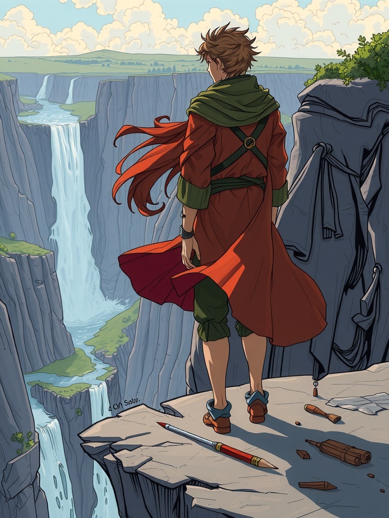 Panel 4: The roar of the waterfall swelled around them, a reminder of the power and wonder that lay just beyond the edge of their small, fragile world