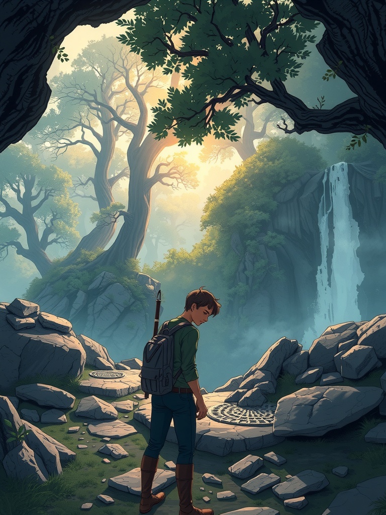 Panel 1: The ancient rivers surge with power, their secrets etched into the stone beneath his feet