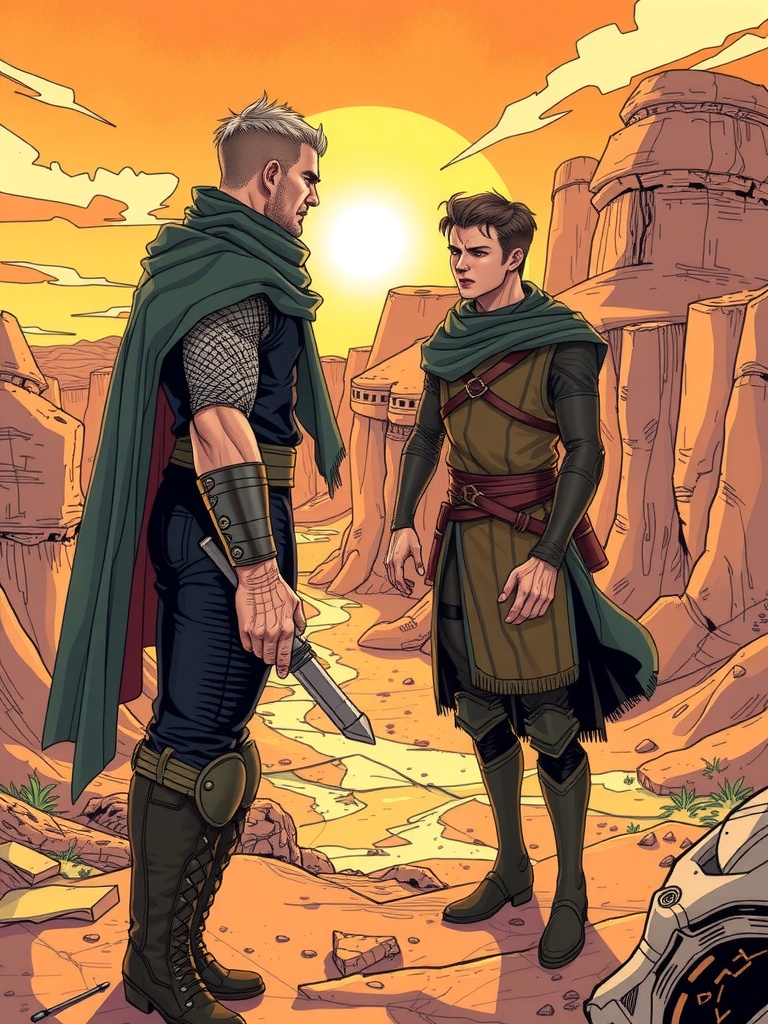 Panel 2: The air is heavy with the scent of smoke and sweat as Thorne demands answers from Kaelin