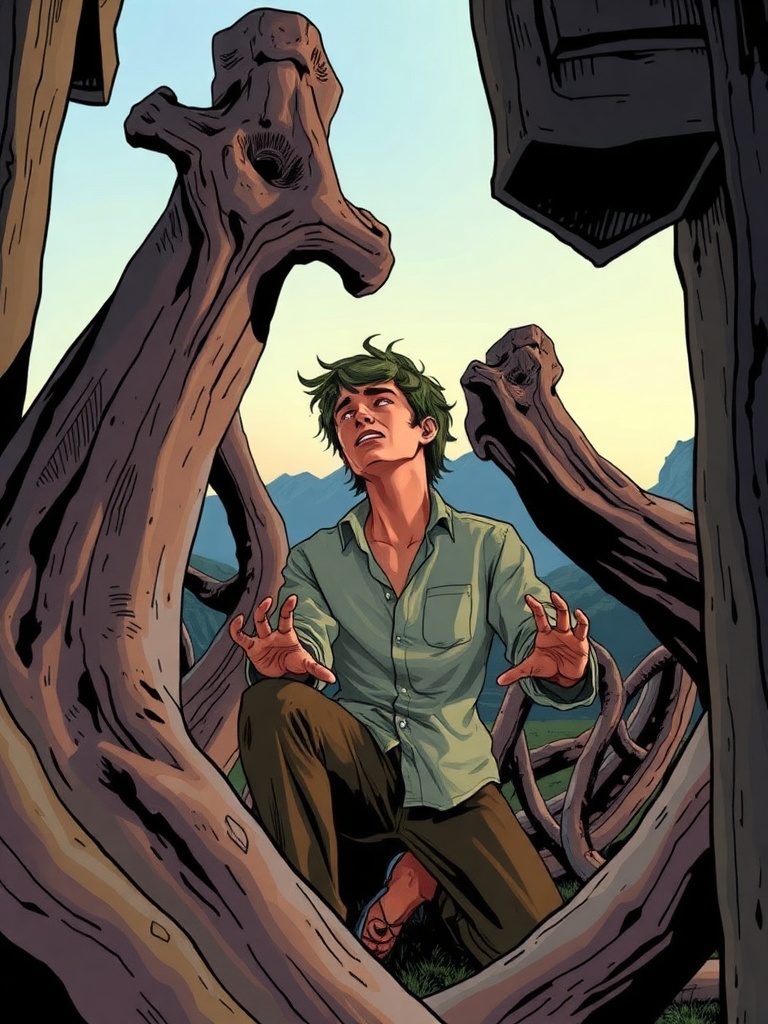 Panel 3: As the sun sets, Lyra communes with the ancient world, seeking guidance and wisdom in the fossils and the earth