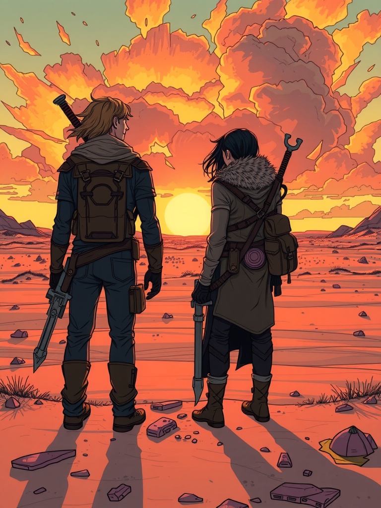 Panel 4: As the sun dips below the horizon, the trio stands united, ready to face the challenges of the ancient world, their bond forged in the fire of adversity