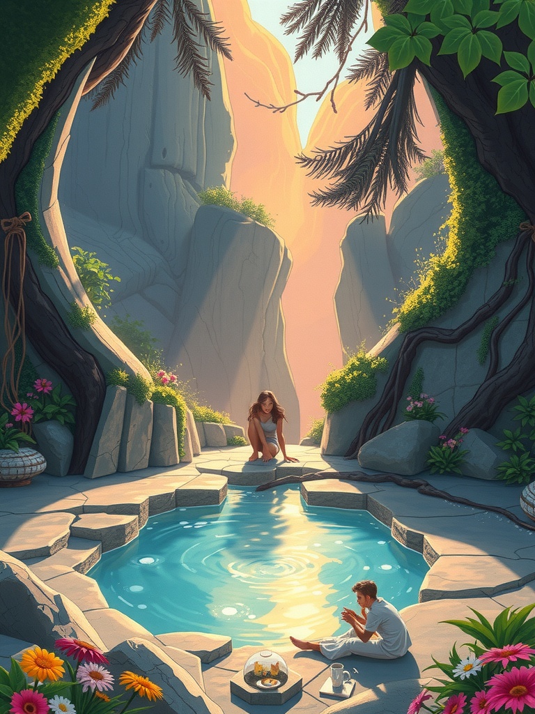 Panel 2: Meanwhile, Lyra finds herself drawn to the crystal pool's soothing energies, seeking refuge from the turmoil that threatens to consume their trio
