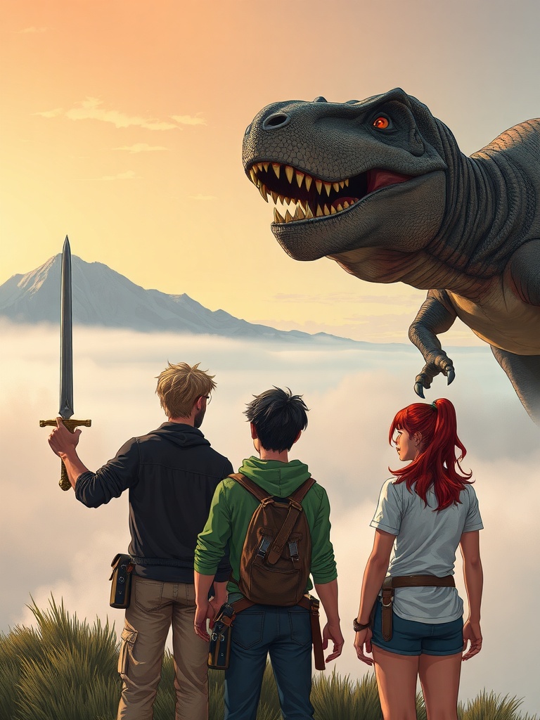 Panel 3: As the T-Rex begins its approach, the trio must put aside their differences and face the monster that threatens to tear them asunder
