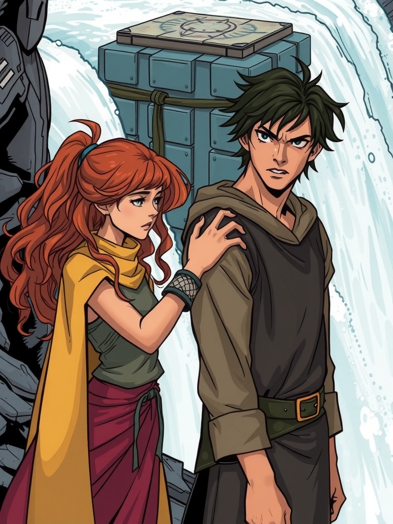 Panel 2: The waterfall edge beckons with danger, a siren's call to the reckless and the brave
