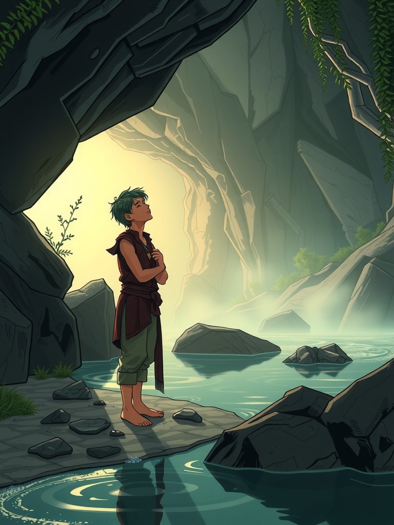 Panel 1: The ancient rivers surge with power, their secrets whispered to those who listen