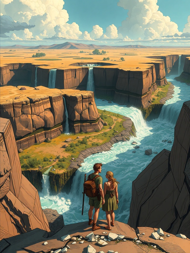 Panel 4: In this moment, their differences are forgotten, and they are united in their awe and wonder at the ever-changing landscape