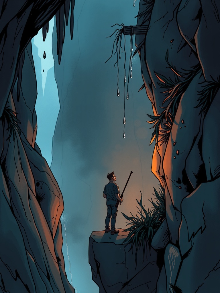 Panel 1: The air is heavy with the scent of damp earth and ozone, a storm brewing on the horizon