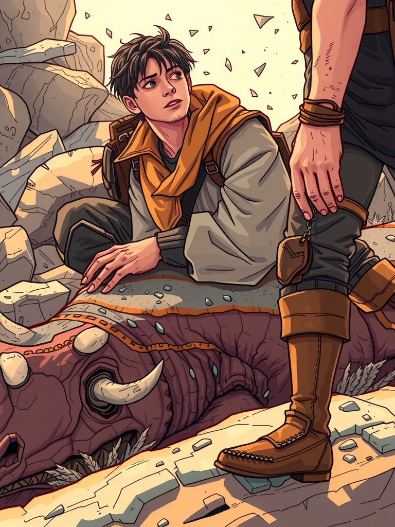 Panel 2: The air is thick with the smell of damp earth and green growth, and the sound of the triceratops's labored breathing