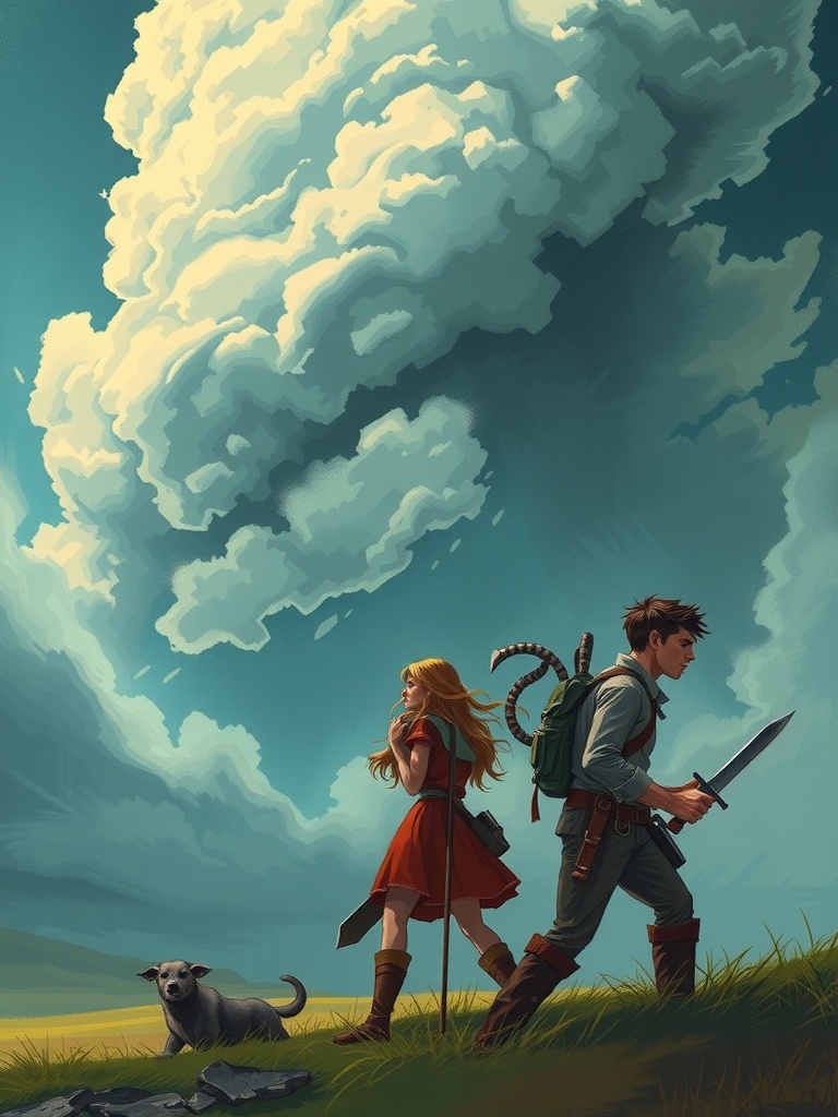 Panel 4: The storm breaks with fury, the thunder booming through the air as the hunters stand firm against the tempest