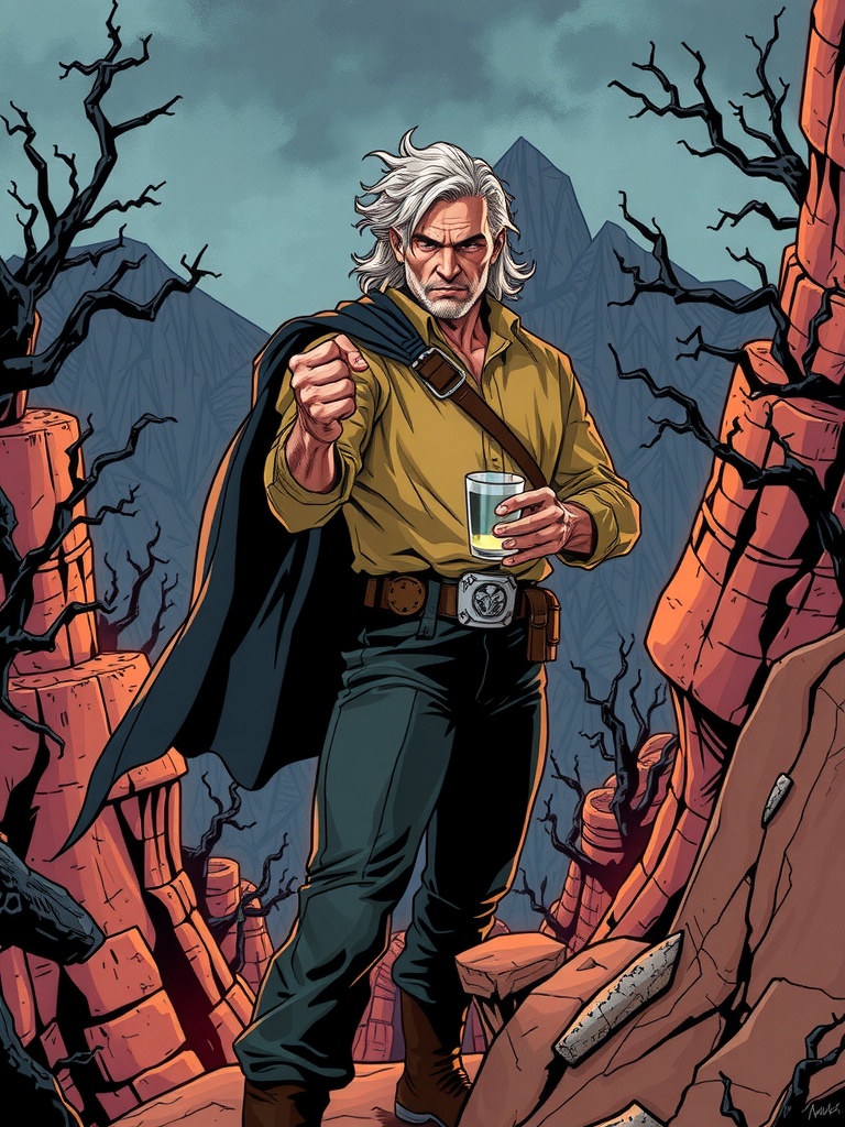 Panel 2: The wind howls through the canyon, whipping Thorne's coat into a frenzy, as he gazes out at the tempest