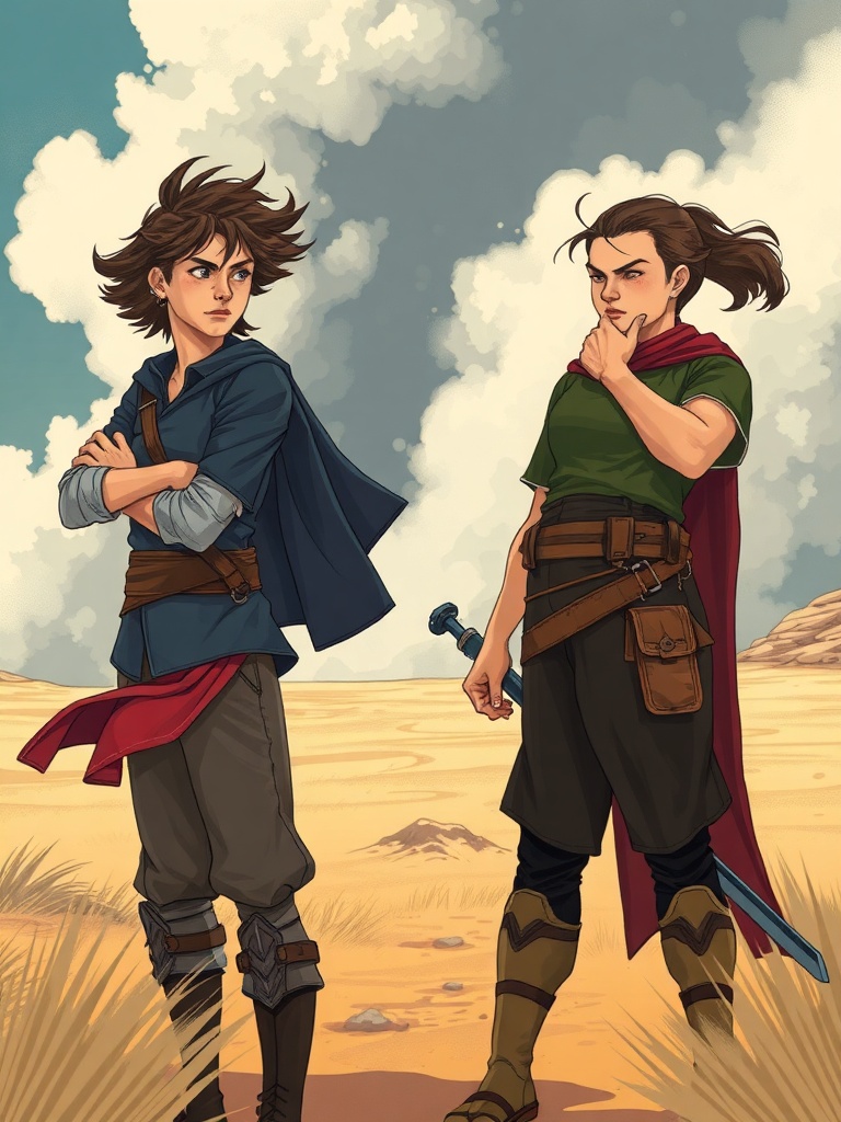 Panel 3: The primal forces swirl around them, a maelstrom of earth and sky, as the three companions prepare to confront the unknown