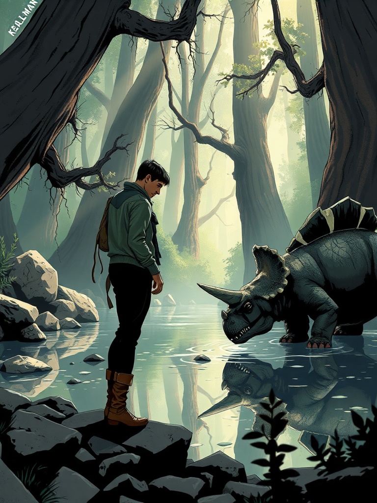 Panel 1: In this hidden sanctuary, the boundaries between predator and prey begin to blur, as Kaelin confronts the turmoil within himself, the sound of gently lapping water a stark contrast to the tempest raging in his mind