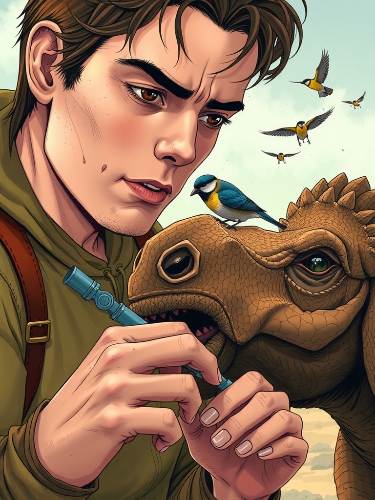 Panel 2: In Lyra's touch, Kaelin sees a reflection of his own conflicted heart, the weight of his actions settling upon him like a shroud, as the first light of dawn creeps over the horizon