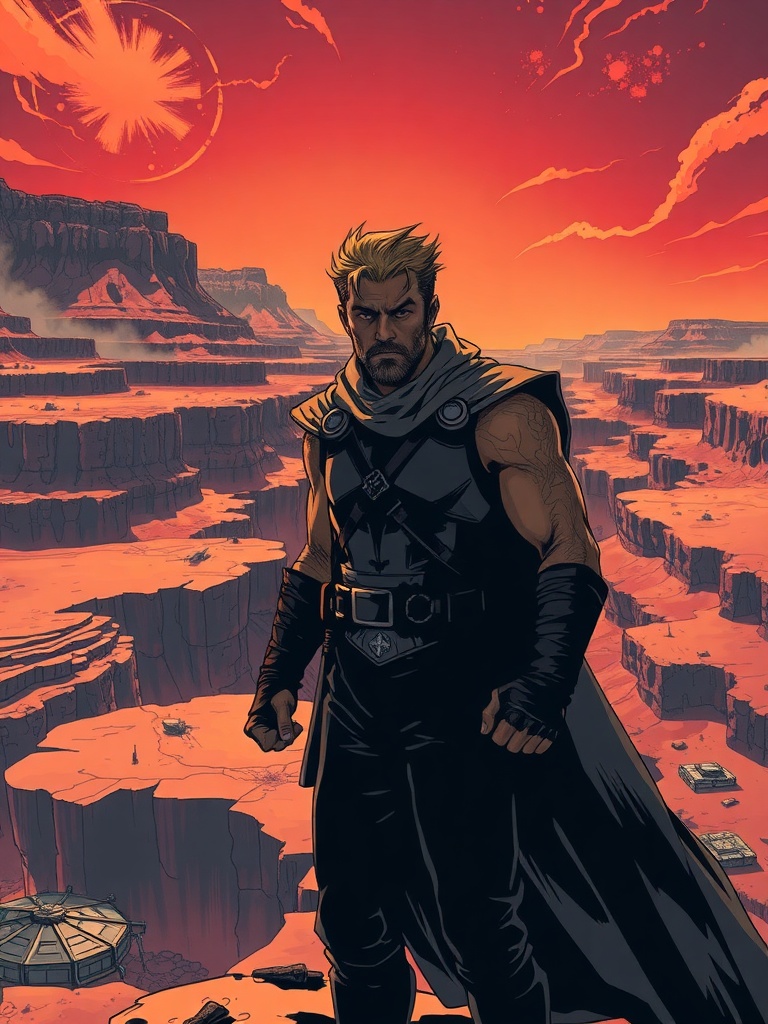Panel 3: As the storm gathers on the horizon, Thorne's thoughts turn to his companions, and the trials that lie ahead, the weight of his own darkness a constant, gnawing presence, the taste of grit and smoke on his lips